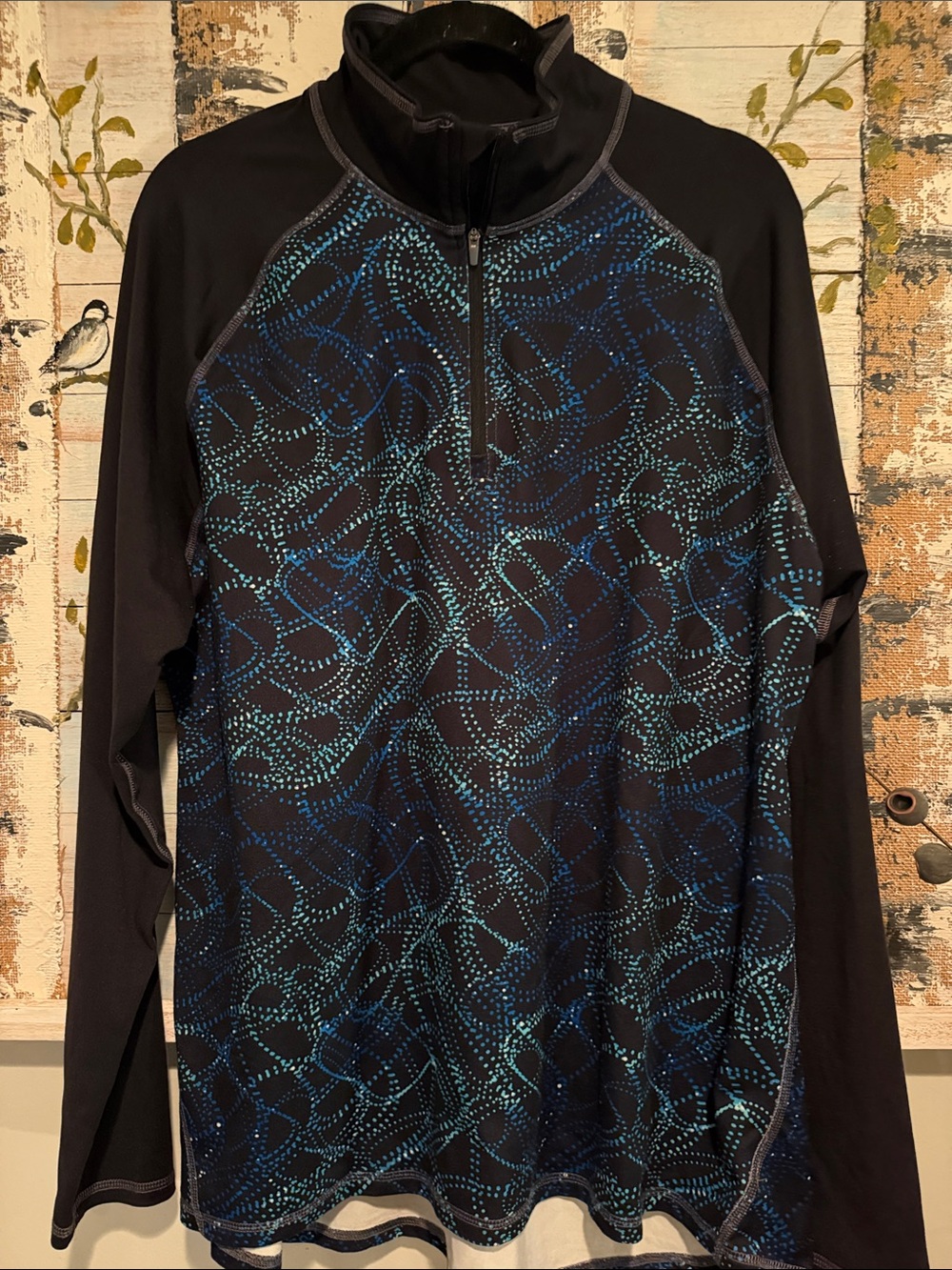 Hanes Women’s Long Sleeve Black Performance Tee with Teal & Blue Dot Pattern